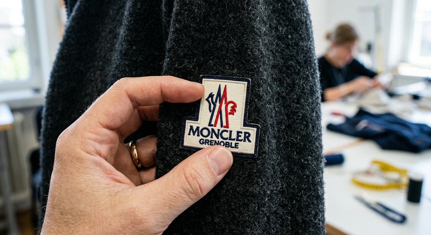 Moncler artisan inspecting embroidered badge aftercare