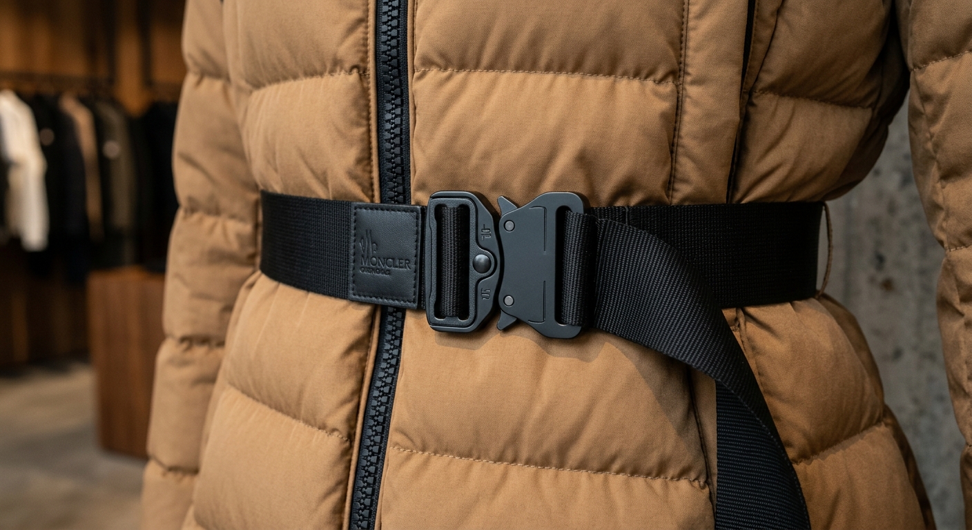 Moncler camel down jacket with buckle belt